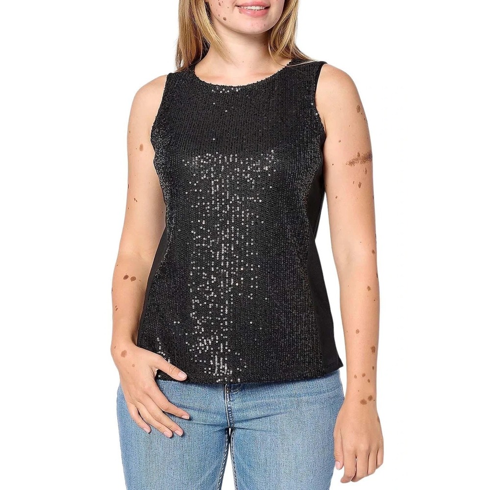 Belle Kim Gravel Black Sequin Glam Sleeveless‎ Tank Holiday Event Occasion Large